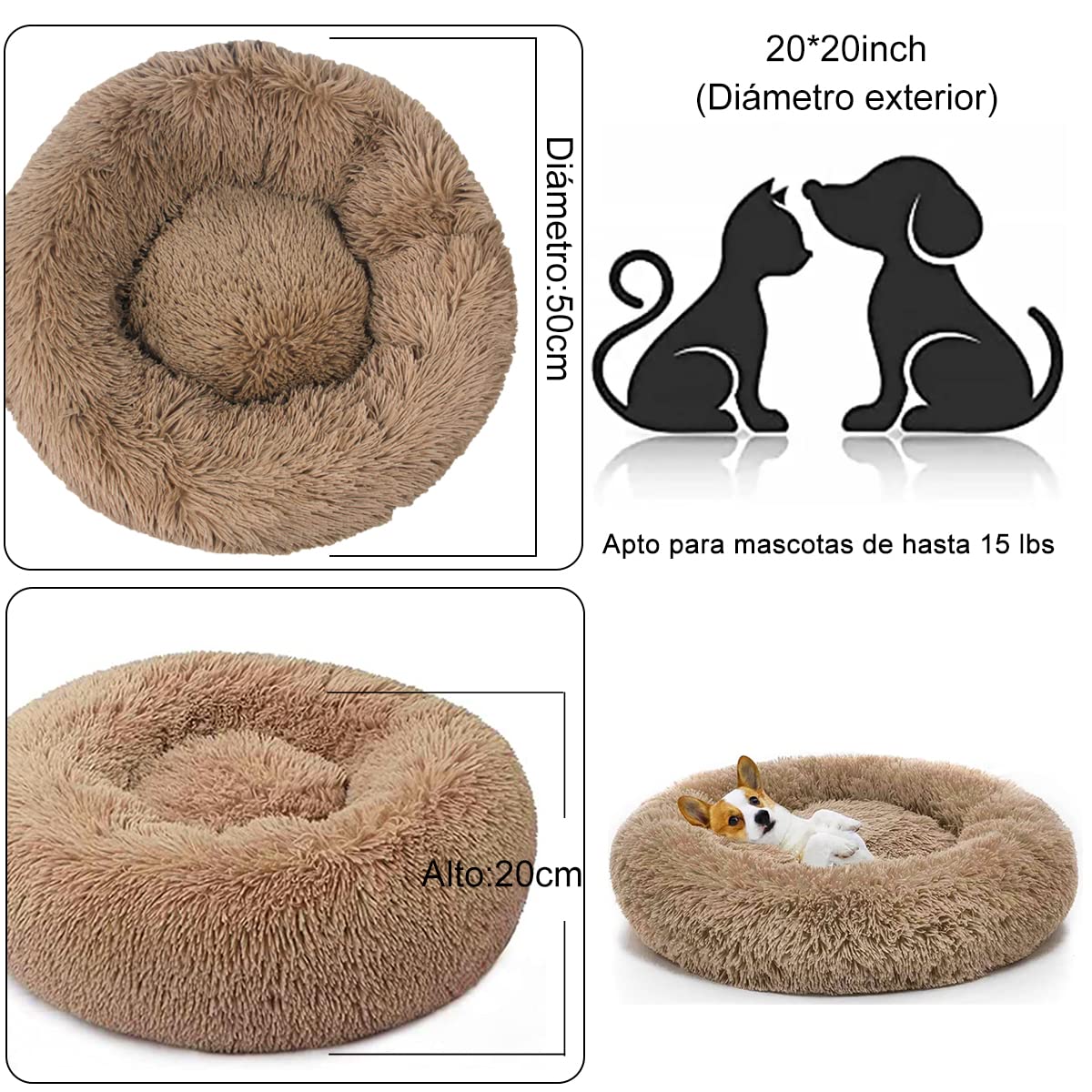 Cama Perro Deluxe Felpa Redonda, cómoda Cama Redonda para Mascotas con Forma de rosquilla para Perros y Gatos,Camas esponjosas para perros pequeños(Diámetro:50 CM,60CM) (Pequeño -50cm)