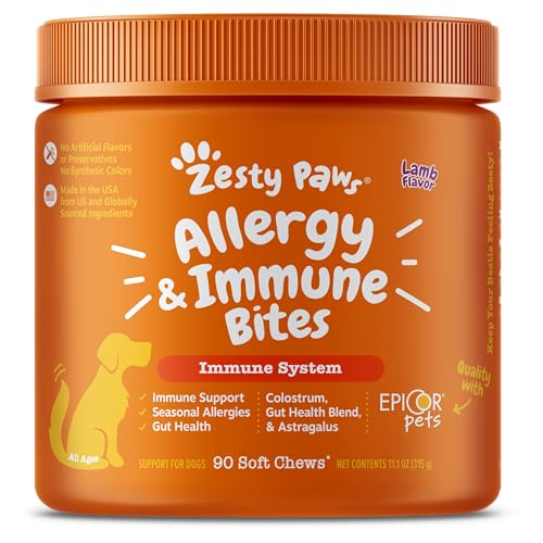 Allergy Immune Supplement for Dogs - with Omega 3 Wild Alaskan Salmon Fish Oil & EpiCor + Digestive Prebiotics & Probiotics - Anti Itch & Skin Hot Spots + Seasonal Allergies - Lamb Flavor - 90 Chews