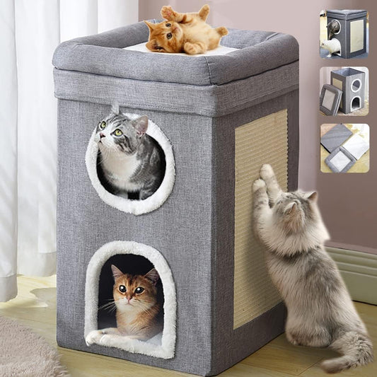 Casa para Gato 3 Niveles, Casa Condominio Almohadilla Rascadora con 2 Cojines Extraíbles, Cubo Plegable Escondite Percha Plataforma Cueva Suave para Gato Torre Cama para Gatito Interior Antideslizante