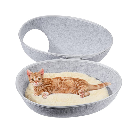SPOWAY Nido de Gato, Cama Nido para Mascotas para Gatos, Orificio para Gatos Desmontable, Nido de Gato Cama de Fieltro para Gatos con Cojín Cama para Gatos de Interior Cama Suave para Gatos（Gris）